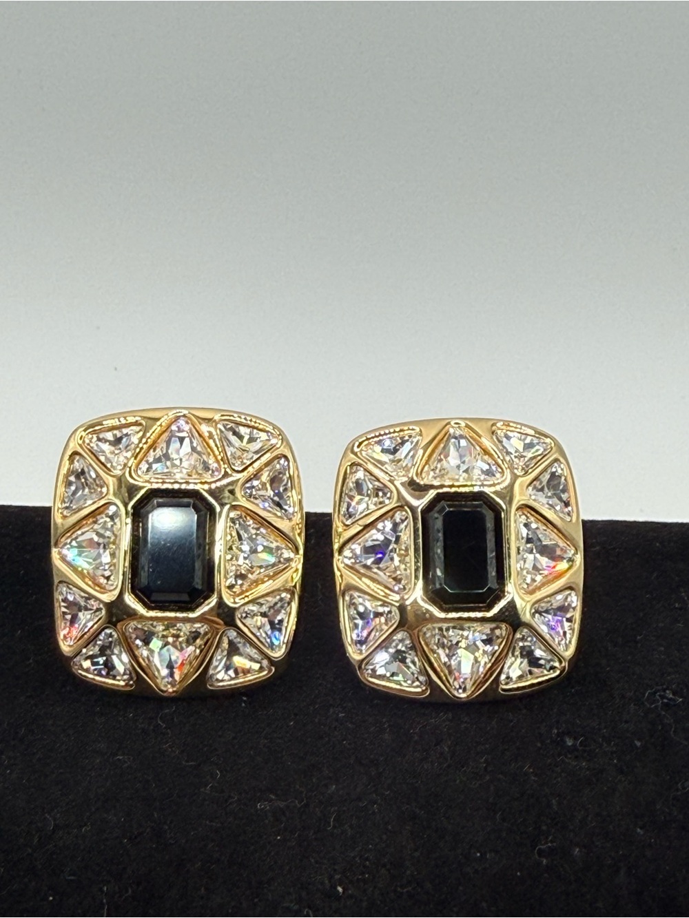 Vintage Swarovski Black & Clear Crystal Statement Clip On Earrings 1.25”
